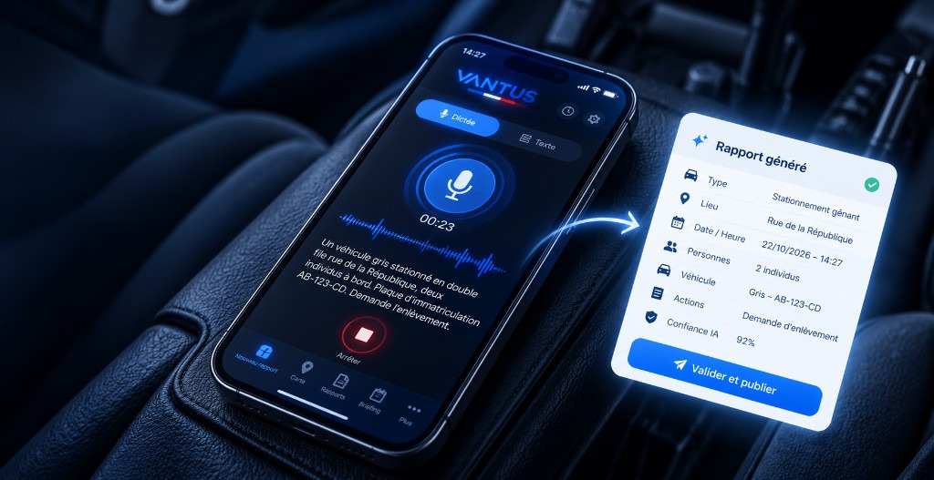 Dictée vocale Vantus sur téléphone et rapport généré automatiquement